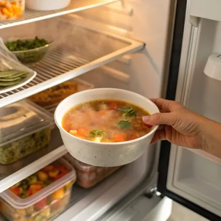 person putting uncovered bowl of stew into a fridge