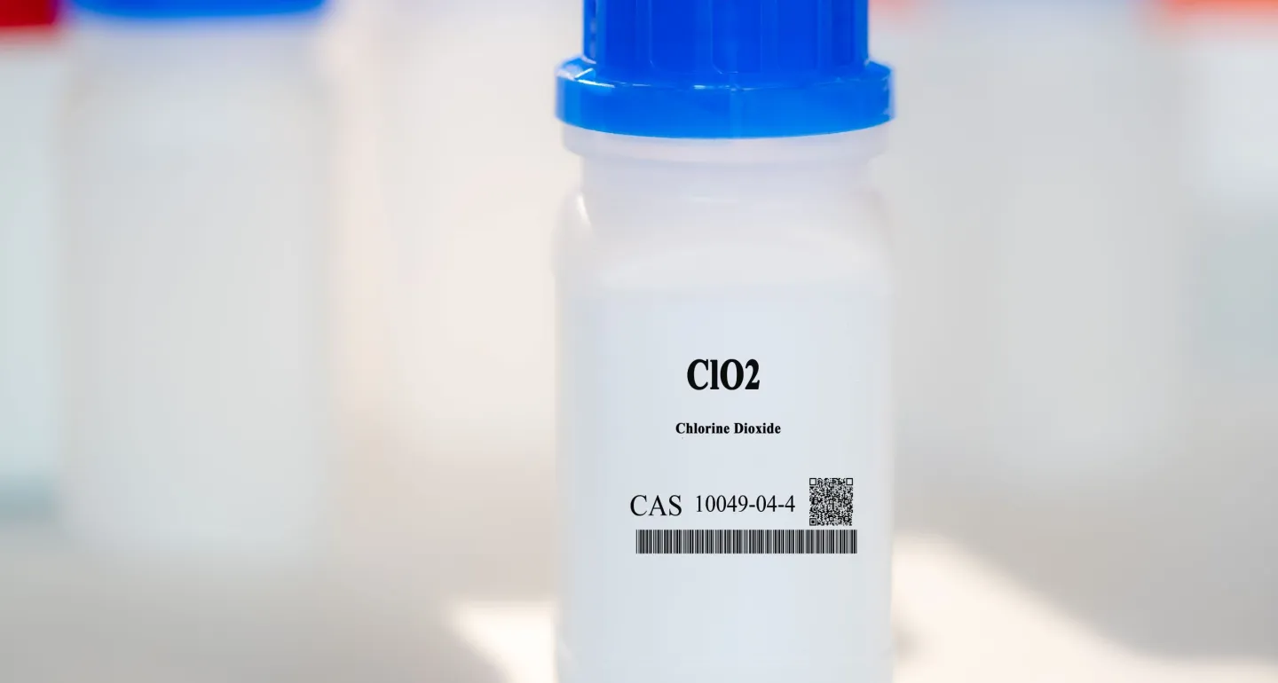 ClO2 chlorine dioxide CAS 10049-04-4 chemical substance in white plastic laboratory packaging