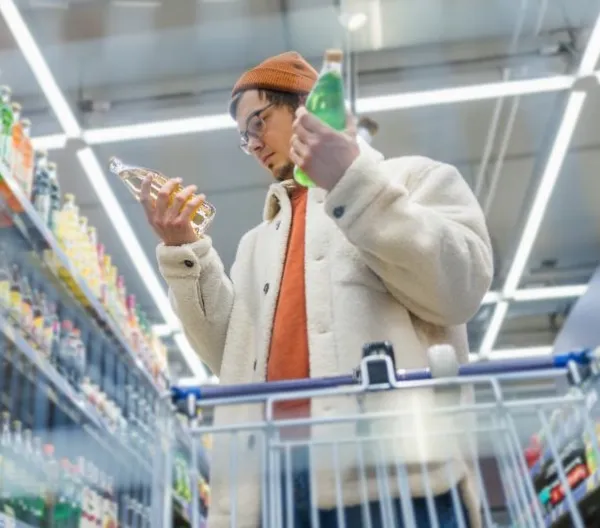 Guy in supermarket reads label, composition of sodas, chooses, compares prices, looks for benefits. Bottom view from grocery cart.