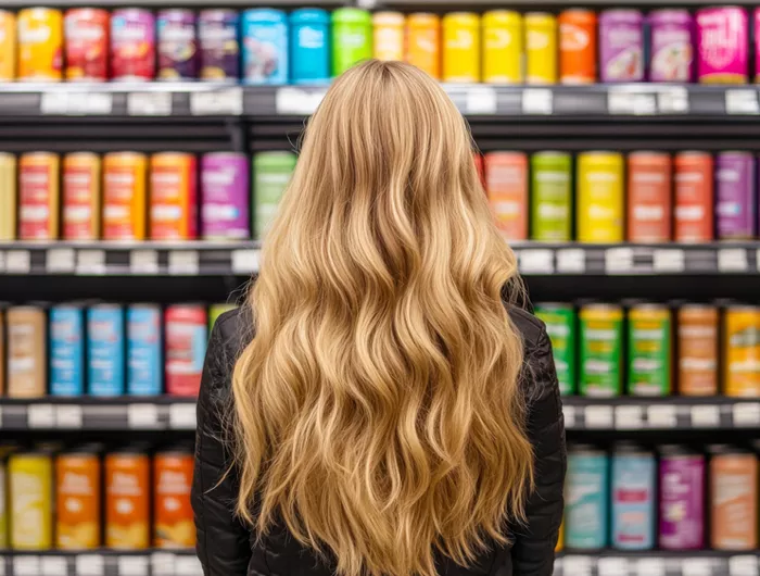 woman with long blond hair facing away towards grocery shelves of colorful canned drinks