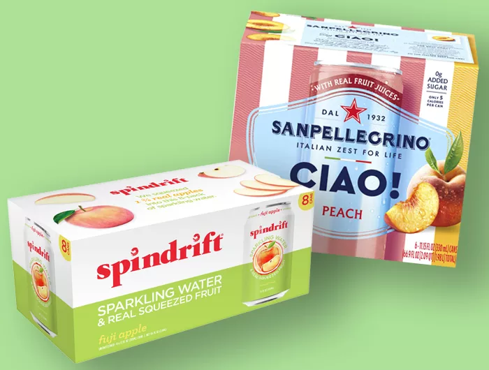 boxes of Spindrift peach and San Pellegrino Ciao peach