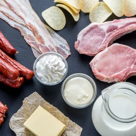 Sources of saturated fats, including red meat, dairy, and fried foods